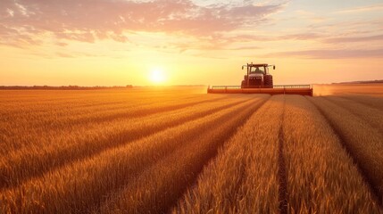 Fototapeta premium A large tractor harvesting a vast wheat field at sunset, --ar 16:9 --v 6.1 Job ID: 6e015b97-ba35-4762-a97a-ffb10d6f61a5