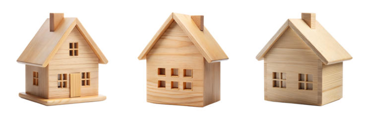 Three Small Wooden Model Houses on White Background Real Estate Property Home Sweet Home New Construction Miniature Building transparent background Generative AI