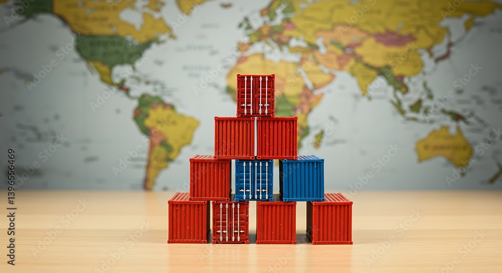 Poster global trade and supply chains represented by container arrangement with world map