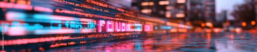 Poster Cyberpunk Urban Horizon Luminescent Data Streams and Neon Reflection Mapping Digital Transformation in Immersive Technological Landscapes