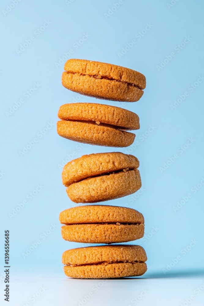 Poster architectural cookie design minimalist golden macarons stacked in gravity-defying balance - culinary