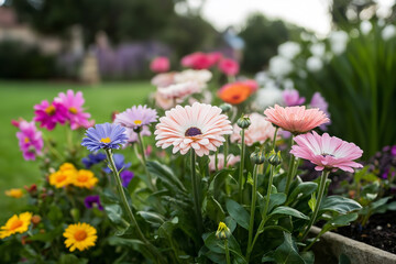 Obraz premium Colorful array of blooming flowers in a vibrant garden during daylight hours