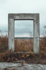 Concrete frame stands in a field with cloudy sky visible through the opening.