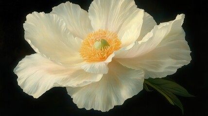Creamy White Peony Blossom Close-Up Against Black Background