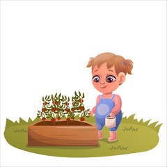 Illustration of a child doing gardening and animal husbandry