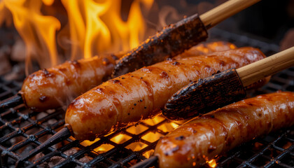 Juicy sausages, glistening with glaze, are expertly grilled over open flames.  The vibrant embers and smoke add to the delicious scene.