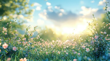 Fototapeta premium Beautiful blurred spring backdrop featuring green grass, blue sky, and white clouds, with a bokeh effect for banner design. 