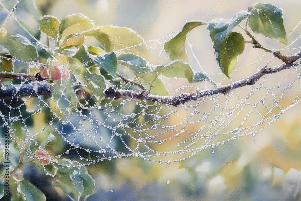 Poster dew covered spiderweb on branch with leaves in soft light.