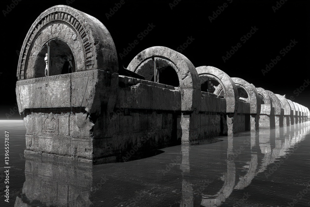 Poster ancient structure partially submerged in reflective water.