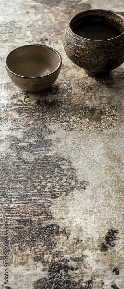 Poster two rustic clay pots sit on a textured neutral surface in soft light.