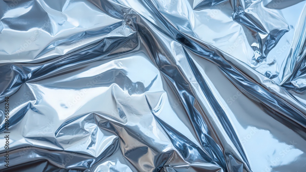Poster crinkled silver metallic foil texture reflective surface with soft light as abstract design backgrou