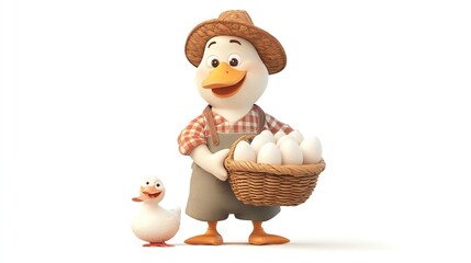 Happy duck farmer holding basket of eggs.