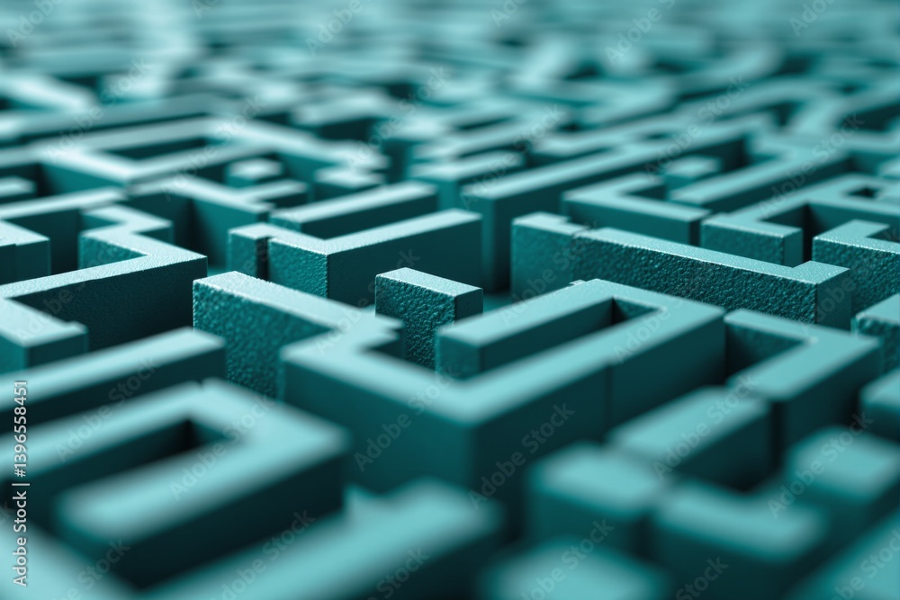 Poster close-up view of a teal maze with raised walls and soft shadows in abstract style on a smooth backgr