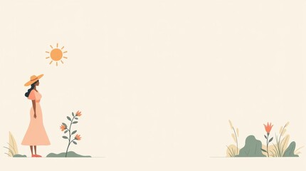 Fototapeta premium Woman standing among flowers under the sun nature scene digital illustration bright and cheerful environment
