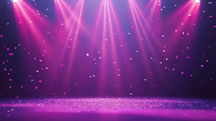 Fototapeta premium Purple stage background with spotlights and confetti for party celebration and product presentation backdrop