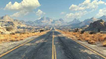 Fototapeta premium A winding road stretches through arid landscapes, flanked by mountains and sparse vegetation under a clear blue sky.