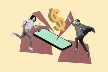 Creative trend artwork design 3D collage sketch of smartphone display cash currency dollars market...