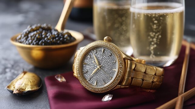 Luxury celebration with gold watch caviar and champagne in elegant setting upscale dining experience exquisite lifestyle concept