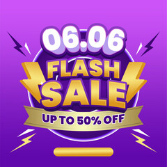 06.06 Flash Sale Banner with Bold Lightning Icons and Discount Offer on Purple Background