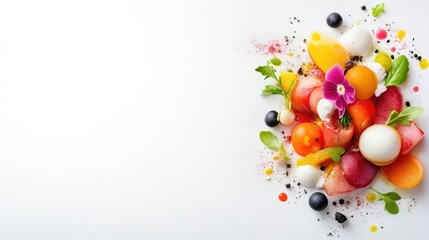 Vibrant summer salad, artful arrangement of colorful tomatoes, mozzarella, and edible flowers.  A visually appealing and healthy gourmet dish