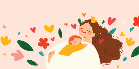 A loving embrace: A tender depiction of a mother and child, surrounded by floral illustrations, evoking the warmth of a mother's love.