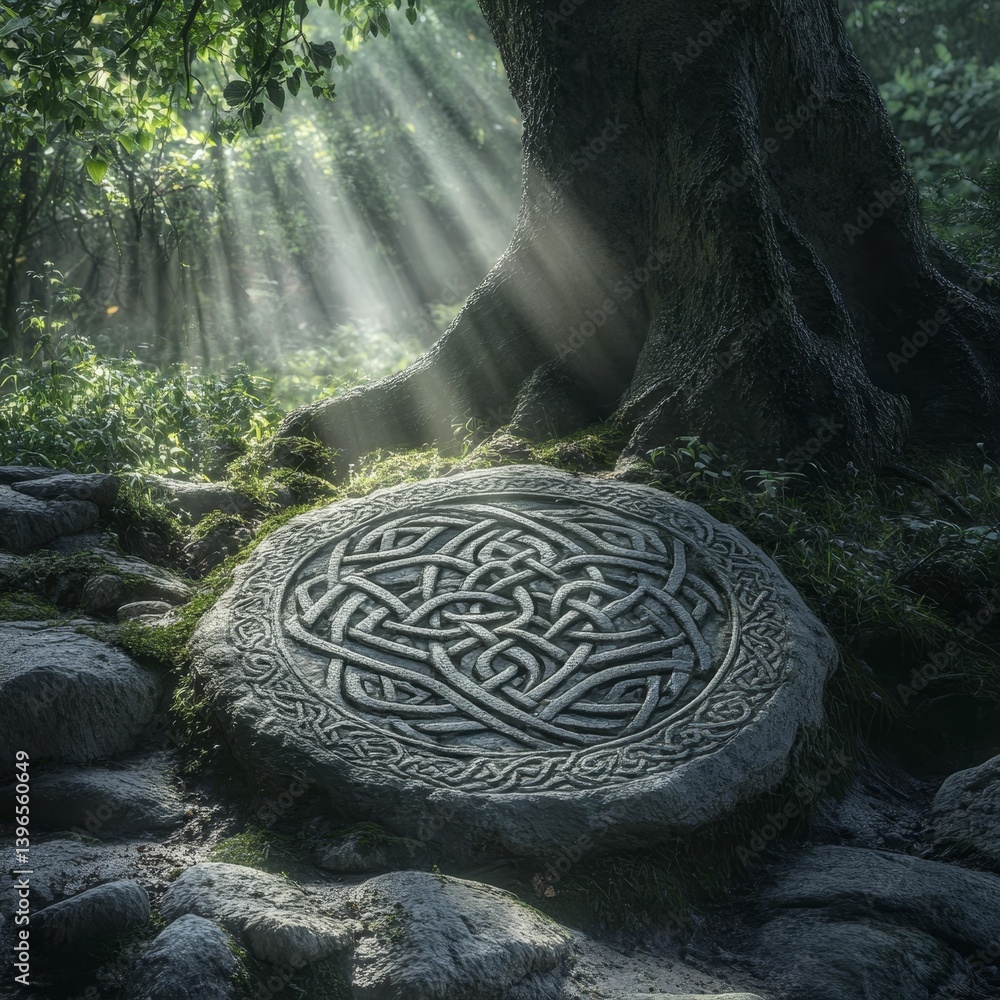 Poster carved stone with intricate pattern in forest setting with sun rays.