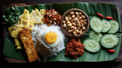 White rice with yellow omelet slices, halved boiled egg, brown tempeh strips, cucumber slices, red chilies and peanuts on green banana leaf