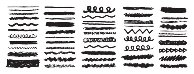 Obraz premium Chalk lines and squiggles, underlines hand drawn doodle thick line border, swoosh. Textured crayon brush scribble strokes