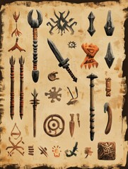 Various ancient tools and weapons arranged on a textured parchment background.