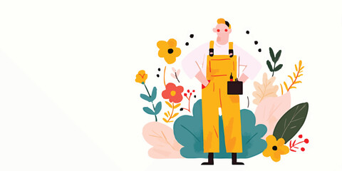 Fototapeta premium An illustration of a gardener standing proudly amidst an array of vibrant flowers, his posture conveys the satisfaction of a job well done, the beauty of nature.
