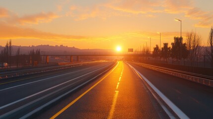 Obraz premium A scenic view of a highway at sunset, with vibrant colors illuminating the road and surrounding landscape.