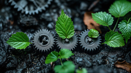 New Growth: Green Leaves Emerging from Gears, Balancing Nature and Industry.