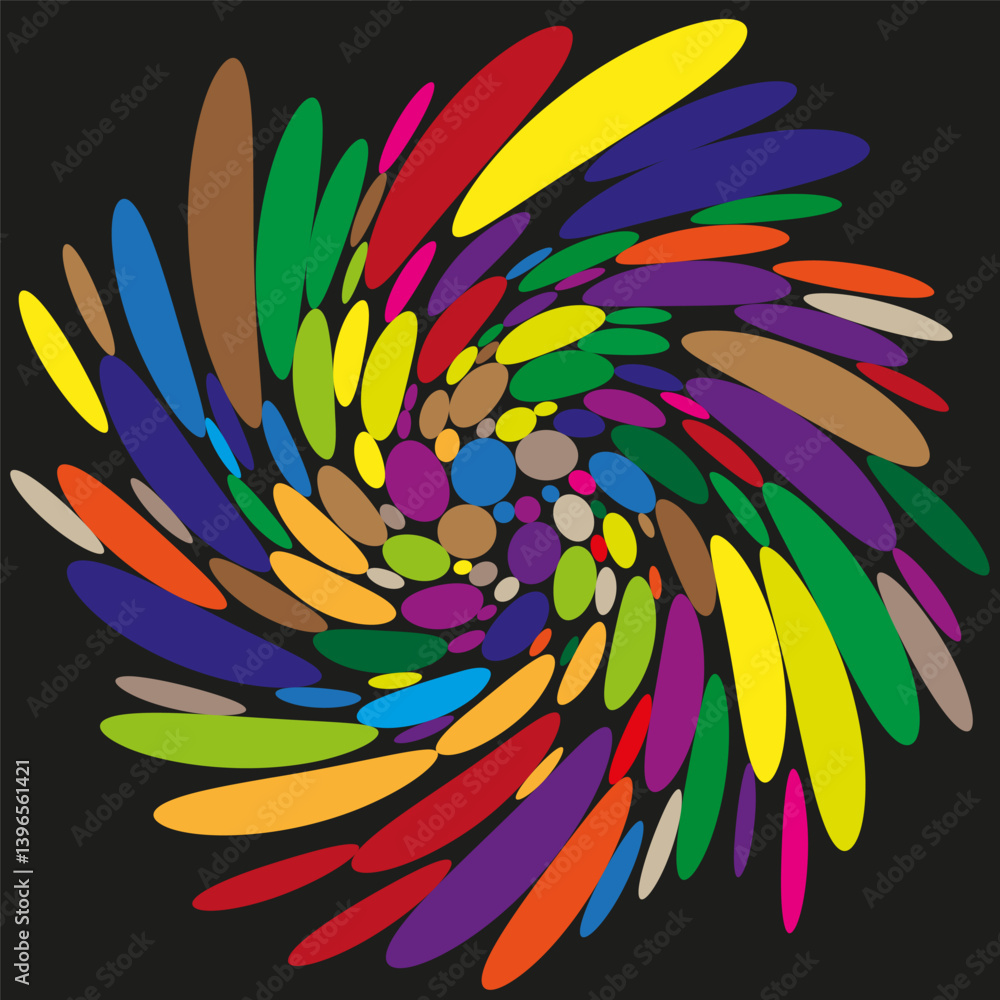 Poster colorful ellipse cluster. bright shape swirl. abstract vector motion. black background detail.