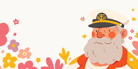 Naklejka premium A whimsical illustration of a kindly captain surrounded by blossoming flowers. The sailor, complete with a traditional captain's hat.