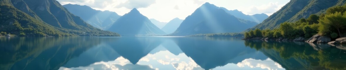 Tranquil mountain range mirrored in shimmering lake, peaceful outdoor scenery, landscape, reflection