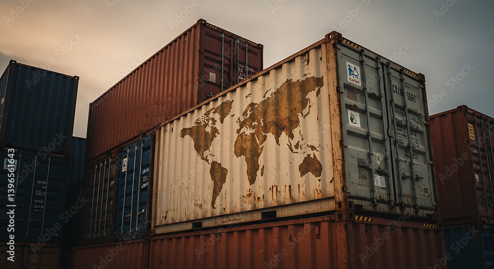 Poster global distribution network represented on weathered shipping containers stack