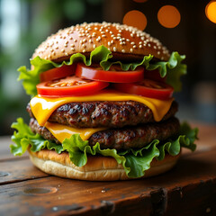 a juicy beef burger with lettuce, tomato, cheese, and sesame seed bun on a rustic wooden table, natural lighting, uitra-realistic, 4k, food photography