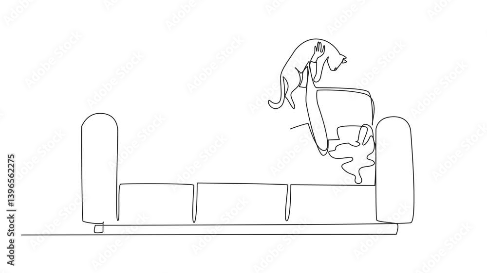 Poster animated self drawing of continuous one line drawing a woman lying on the sofa while holding a cat. 