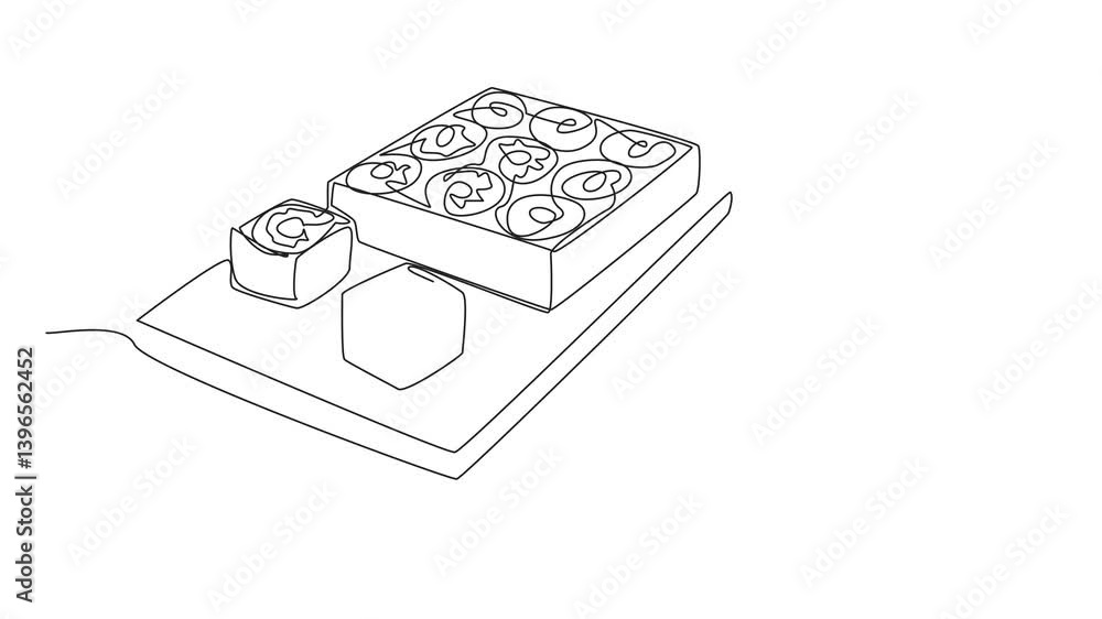 Poster animated self drawing of single continuous line drawing pineapple upside-down cake in square shape o
