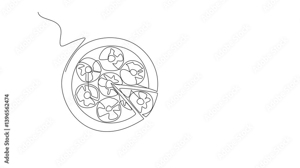 Poster animation of continuous one line drawing pineapple upside-down cake in round shape on wooden cutting