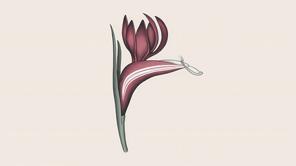 Illustrated Image of a Deep Red Exotic Flower with White Stripe on a Simple Background