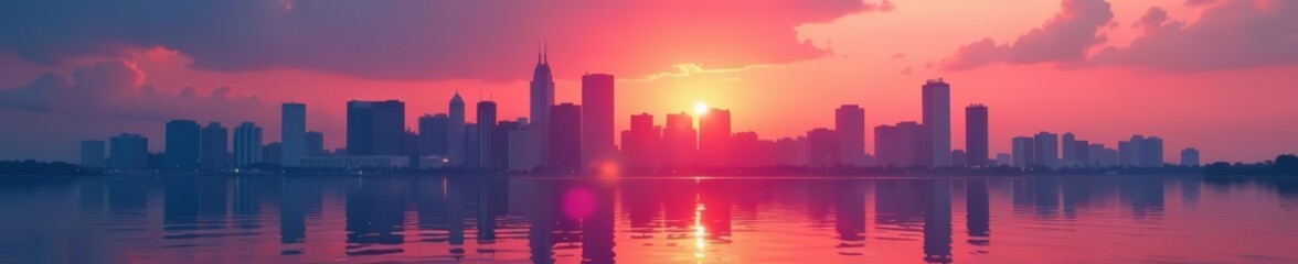 Fototapeta premium Urban skyline with smoke pollution creating hazy dusk atmosphere, reflecting in water, dusk, reflections