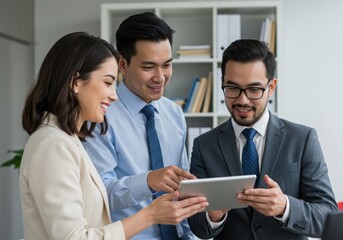 Obraz premium Three business colleagues looking at a tablet screen together in an office setting indoors