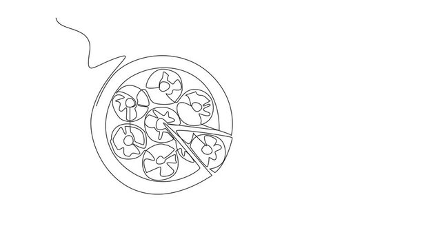 Animation of continuous one line drawing pineapple upside-down cake in round shape on wooden cutting board. Zesty. Pineapple Upside-Down Cake. Single line self drawing animated. Full length motion