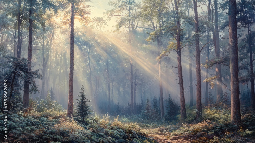 Poster a serene forest scene with sunlight filtering through tall trees, casting gentle rays over lush gree
