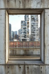 Concrete frame view of buildings and a bridge in an urban setting.
