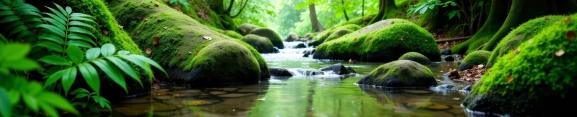 Tranquil stream with mossy rocks in lush forest setting, nature, peaceful
