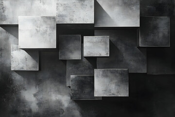 Abstract grayscale textured square shapes composition.