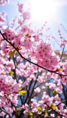 Obraz premium Sunlight illuminates delicate pink cherry blossoms gently swaying in a spring breeze, background, nature