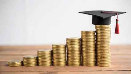 A stack of coins topped with a graduation cap symbolizes the investment in education and its potential financial rewards.